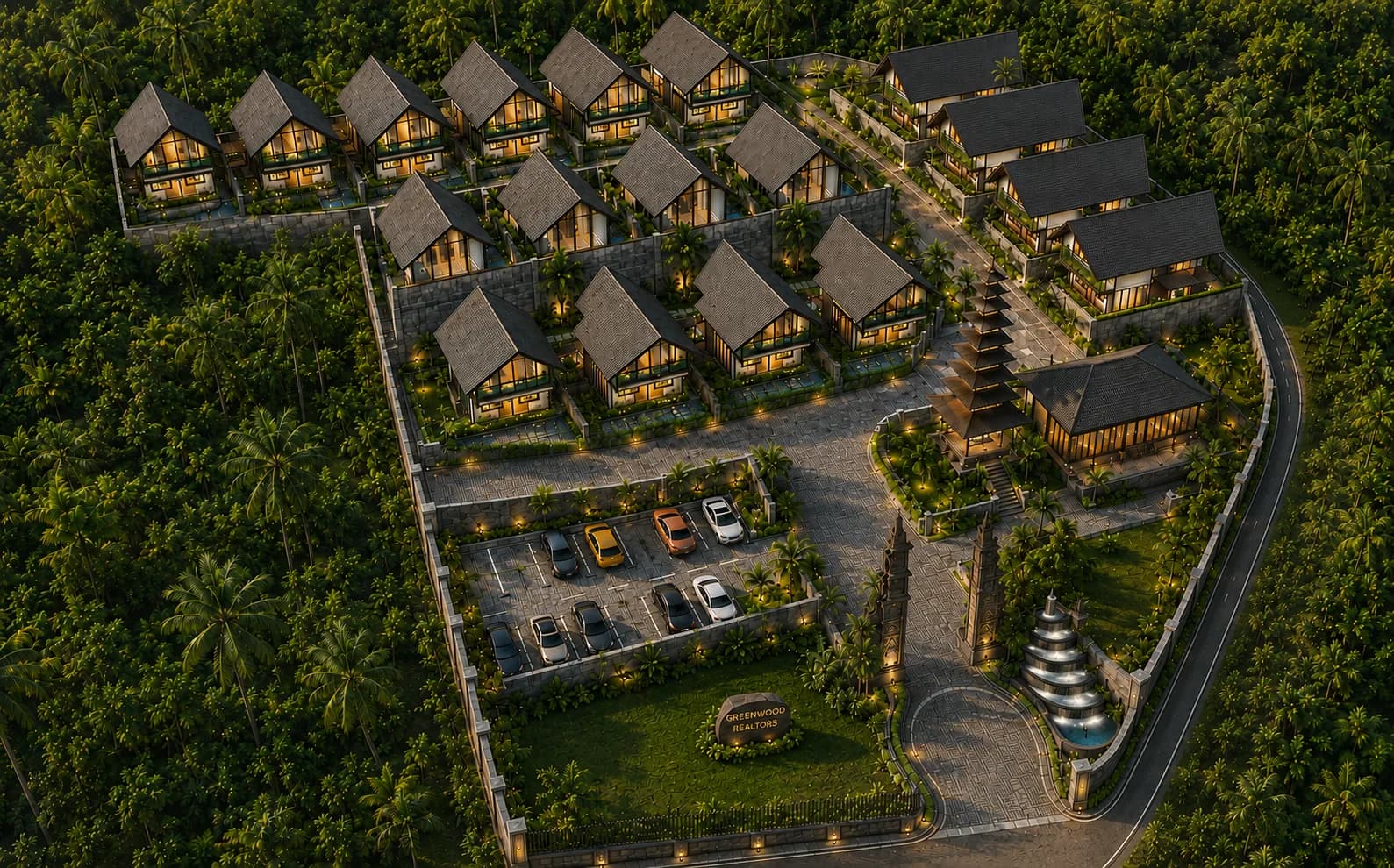 Aerial render of Green Woods: thatched-roof Bali-style villas set in palm forest, with parking and a central pavilion