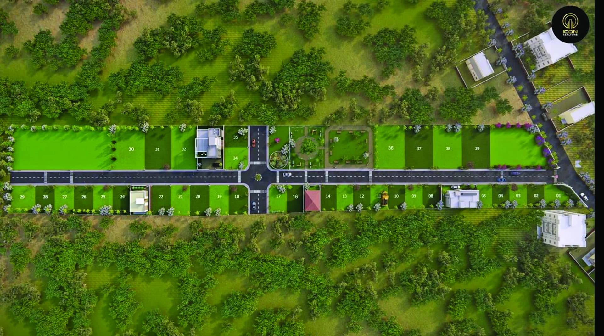 Aerial masterplan render of Icon Estate — numbered plots either side of a central road with a landscaped roundabout