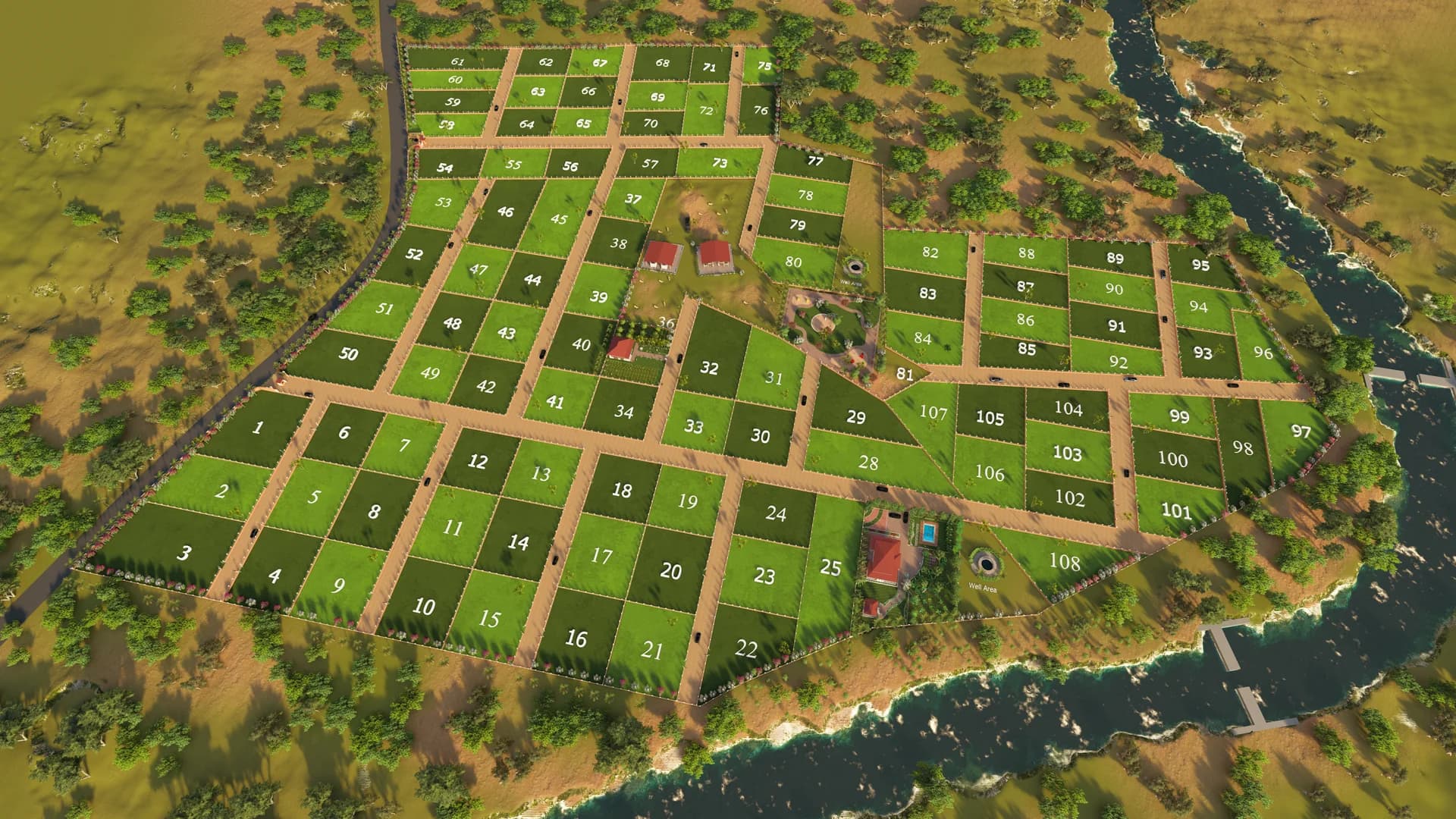 Numbered layout plan for Isha Farms: plots on a grid of internal roads, with the river along the eastern boundary
