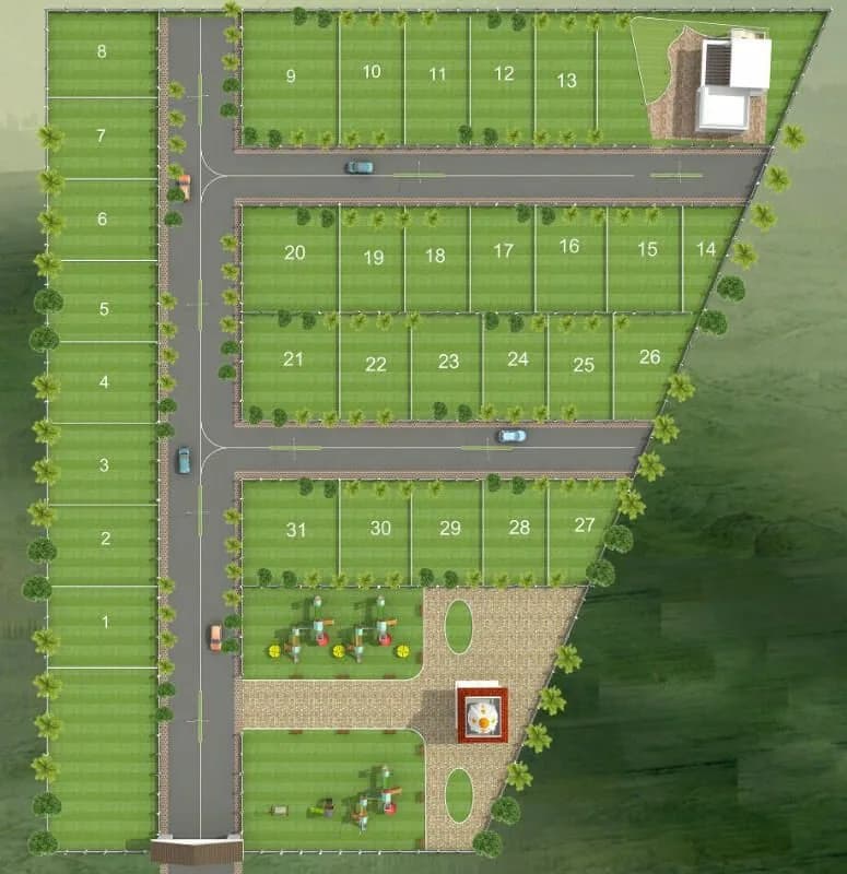 Numbered layout plan for Santoshi Village Phase 2: plots 1 to 31 either side of the internal roads, with the play area and garden at the entrance